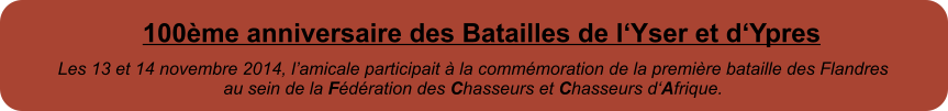 Les 13 et 14 novembre 2014, l�amicale participait � la comm�moration de la premi�re bataille des Flandres au sein de la F�d�ration des Chasseurs et Chasseurs d�Afrique. 100�me anniversaire des Batailles de l�Yser et d�Ypres